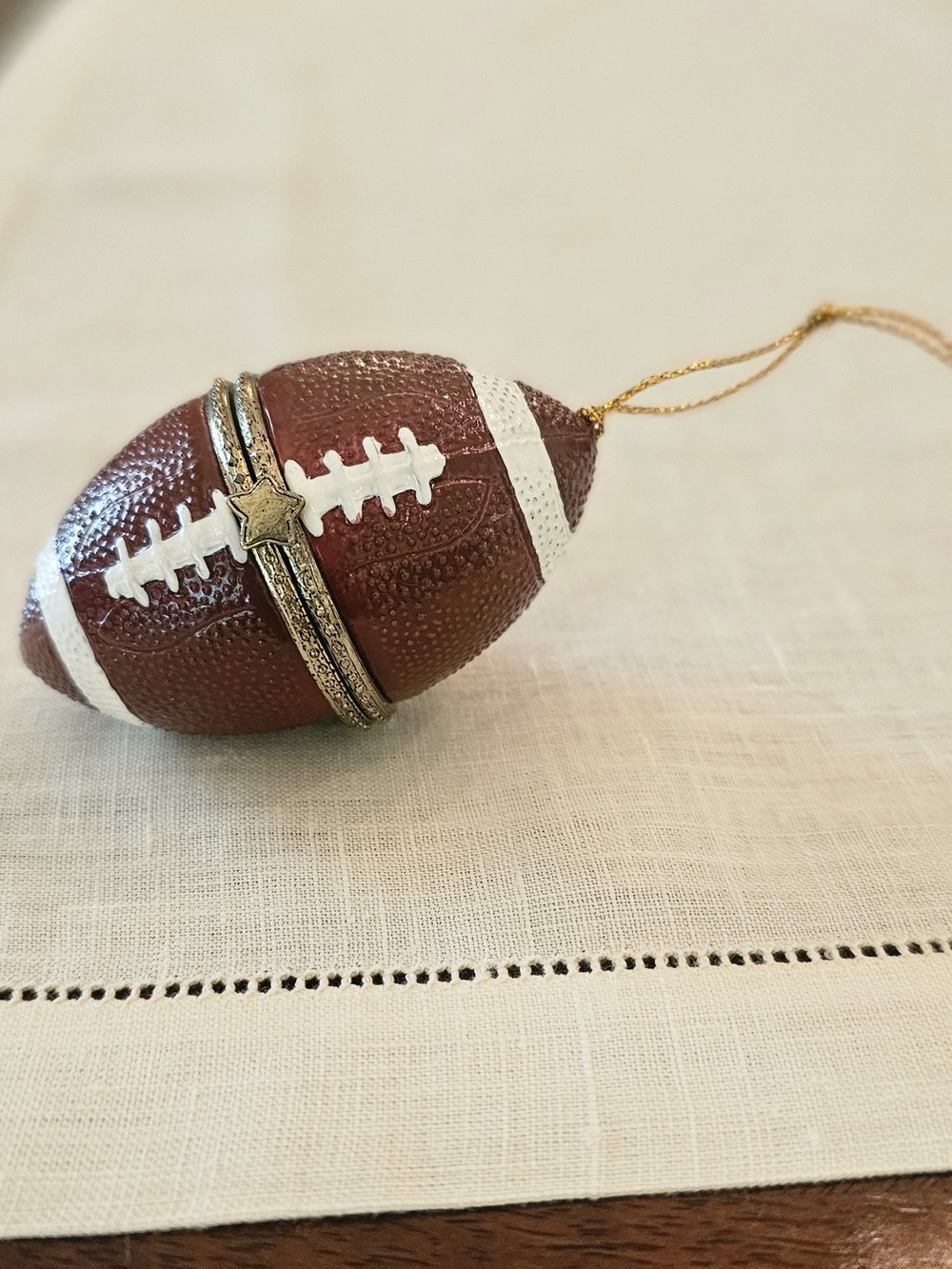 Football Hinged Trinket Box Christmas Ornament – Porcelain Sport Keepsake